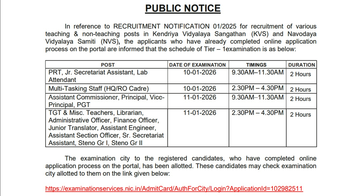 KVS NVS Exam City Slip 2025 जारी, ऐसे करें डाउनलोड