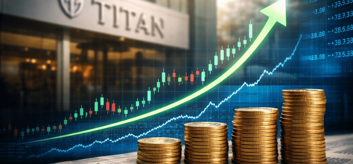 स्टॉक मार्केट चार्ट के साथ Titan Company Limited के शेयरों में तेजी को दर्शाती प्रतीकात्मक इमेज।