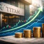 स्टॉक मार्केट चार्ट के साथ Titan Company Limited के शेयरों में तेजी को दर्शाती प्रतीकात्मक इमेज।