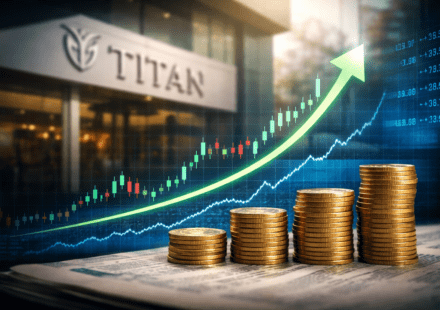 स्टॉक मार्केट चार्ट के साथ Titan Company Limited के शेयरों में तेजी को दर्शाती प्रतीकात्मक इमेज।