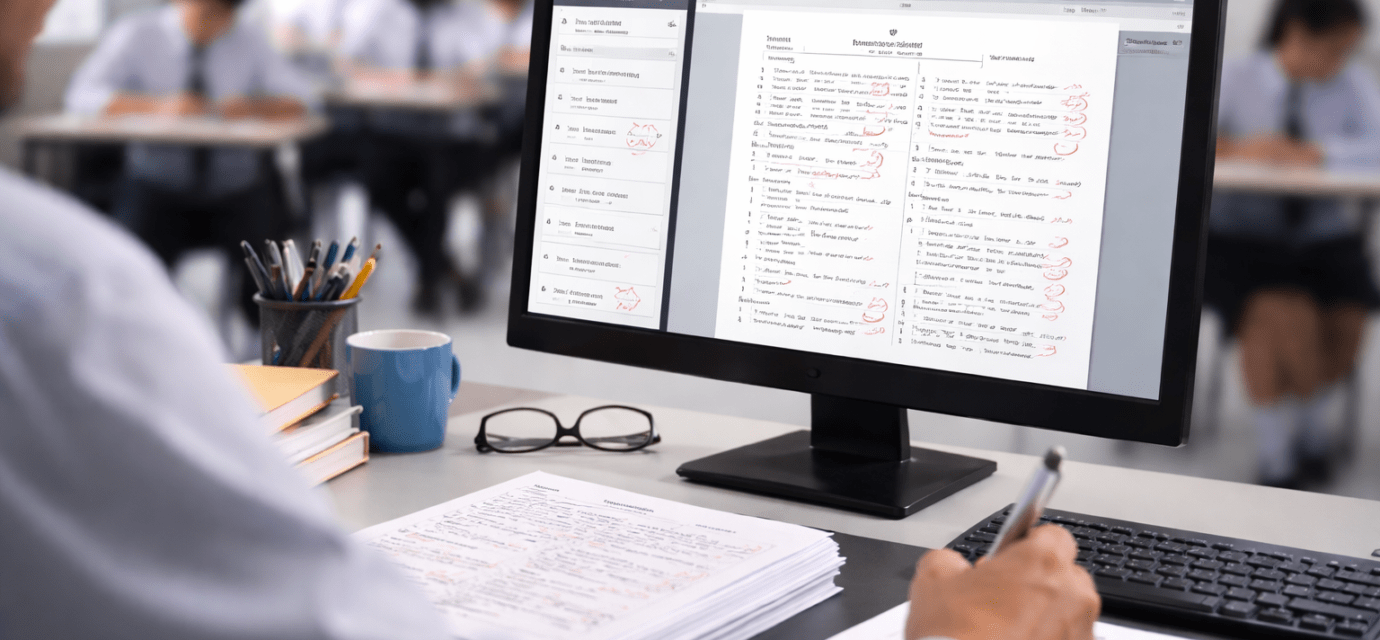 डिजिटल प्लेटफॉर्म पर कक्षा 12 की उत्तर पुस्तिकाओं का मूल्यांकन दर्शाती प्रतीकात्मक तस्वीर