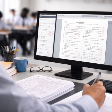 डिजिटल प्लेटफॉर्म पर कक्षा 12 की उत्तर पुस्तिकाओं का मूल्यांकन दर्शाती प्रतीकात्मक तस्वीर