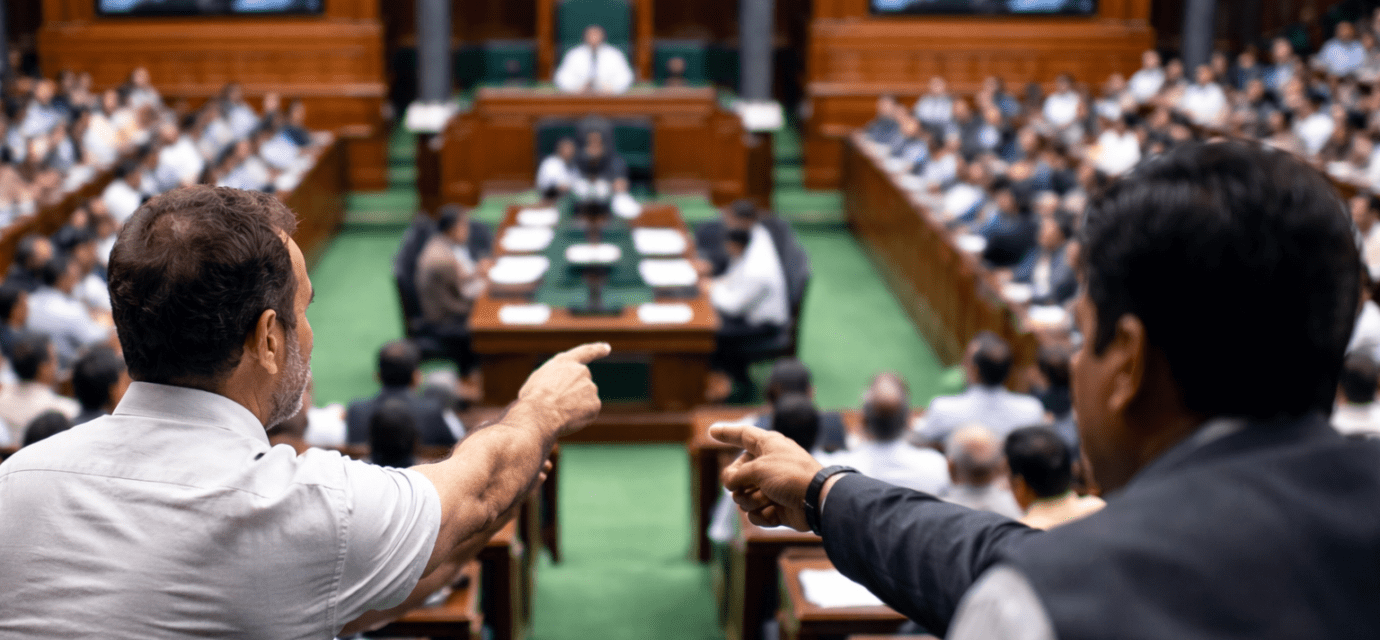 संसद भवन के अंदर सदन की कार्यवाही का व्यापक दृश्य, जहां सांसद अपनी सीटों पर मौजूद हैं और माहौल गंभीर है।