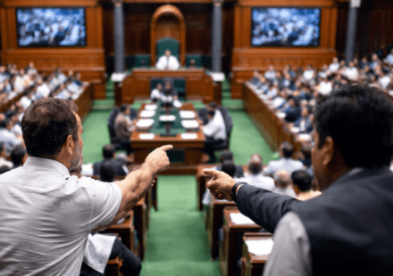 संसद भवन के अंदर सदन की कार्यवाही का व्यापक दृश्य, जहां सांसद अपनी सीटों पर मौजूद हैं और माहौल गंभीर है।