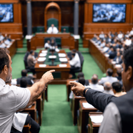 संसद भवन के अंदर सदन की कार्यवाही का व्यापक दृश्य, जहां सांसद अपनी सीटों पर मौजूद हैं और माहौल गंभीर है।