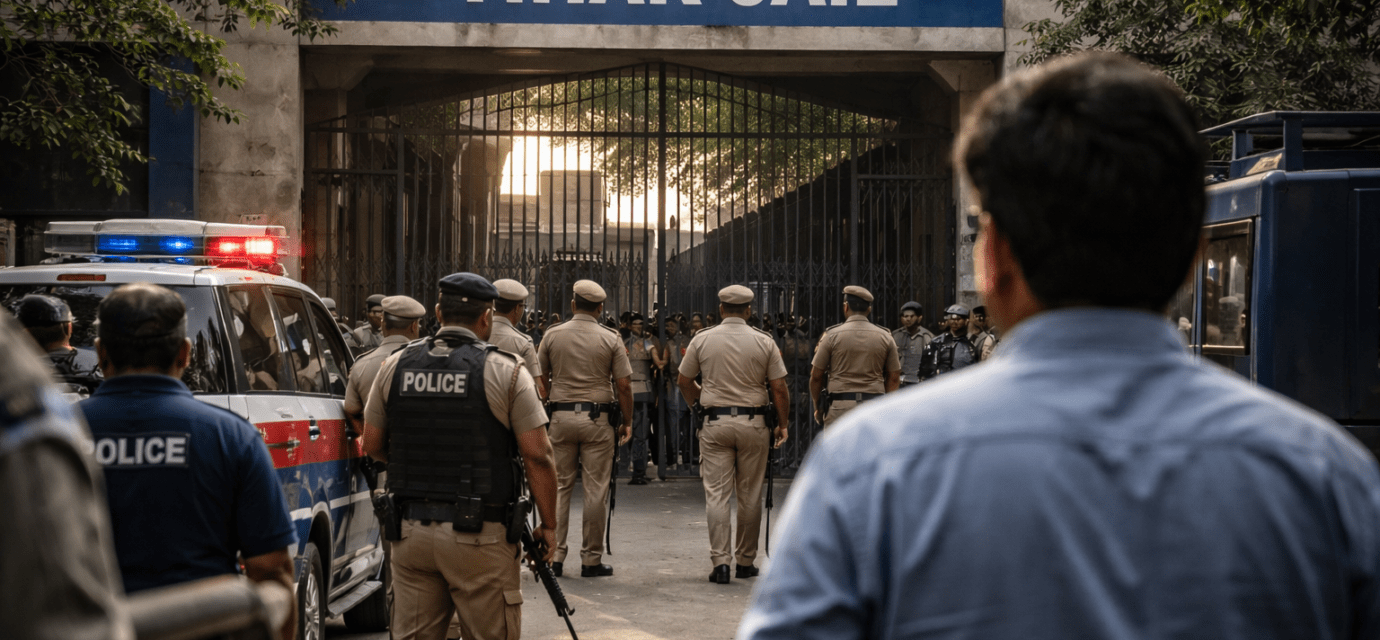 तिहाड़ जेल परिसर का बाहरी दृश्य, जहां कानूनी प्रक्रिया और सुरक्षा व्यवस्था दिखाई दे रही है। यह चित्र राजपाल यादव जेल मामला अपडेट से जुड़ी खबर को दर्शाता है।