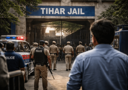 तिहाड़ जेल परिसर का बाहरी दृश्य, जहां कानूनी प्रक्रिया और सुरक्षा व्यवस्था दिखाई दे रही है। यह चित्र राजपाल यादव जेल मामला अपडेट से जुड़ी खबर को दर्शाता है।