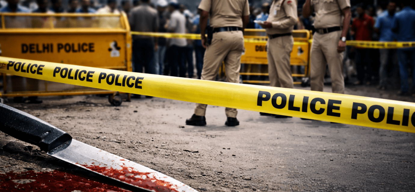 दिल्ली के जहांगीरपुरी क्षेत्र में पुलिस बल की मौजूदगी, बैरिकेडिंग और जांच करते अधिकारी, गंभीर माहौल दर्शाता दृश्य।