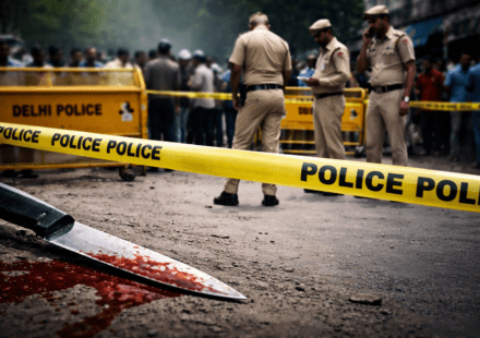 दिल्ली के जहांगीरपुरी क्षेत्र में पुलिस बल की मौजूदगी, बैरिकेडिंग और जांच करते अधिकारी, गंभीर माहौल दर्शाता दृश्य।