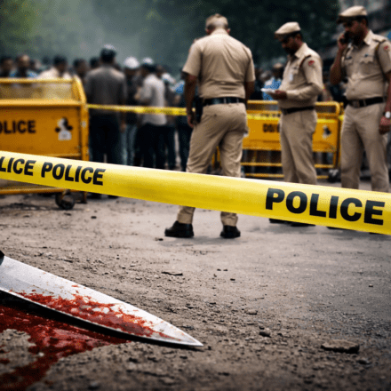 दिल्ली के जहांगीरपुरी क्षेत्र में पुलिस बल की मौजूदगी, बैरिकेडिंग और जांच करते अधिकारी, गंभीर माहौल दर्शाता दृश्य।