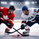 बर्फीले स्टेडियम में दो हॉकी खिलाड़ियों की प्रतीकात्मक झलक, पृष्ठभूमि में ओलंपिक माहौल, बिना किसी टेक्स्ट या लोगो के।