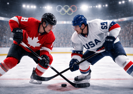 बर्फीले स्टेडियम में दो हॉकी खिलाड़ियों की प्रतीकात्मक झलक, पृष्ठभूमि में ओलंपिक माहौल, बिना किसी टेक्स्ट या लोगो के।