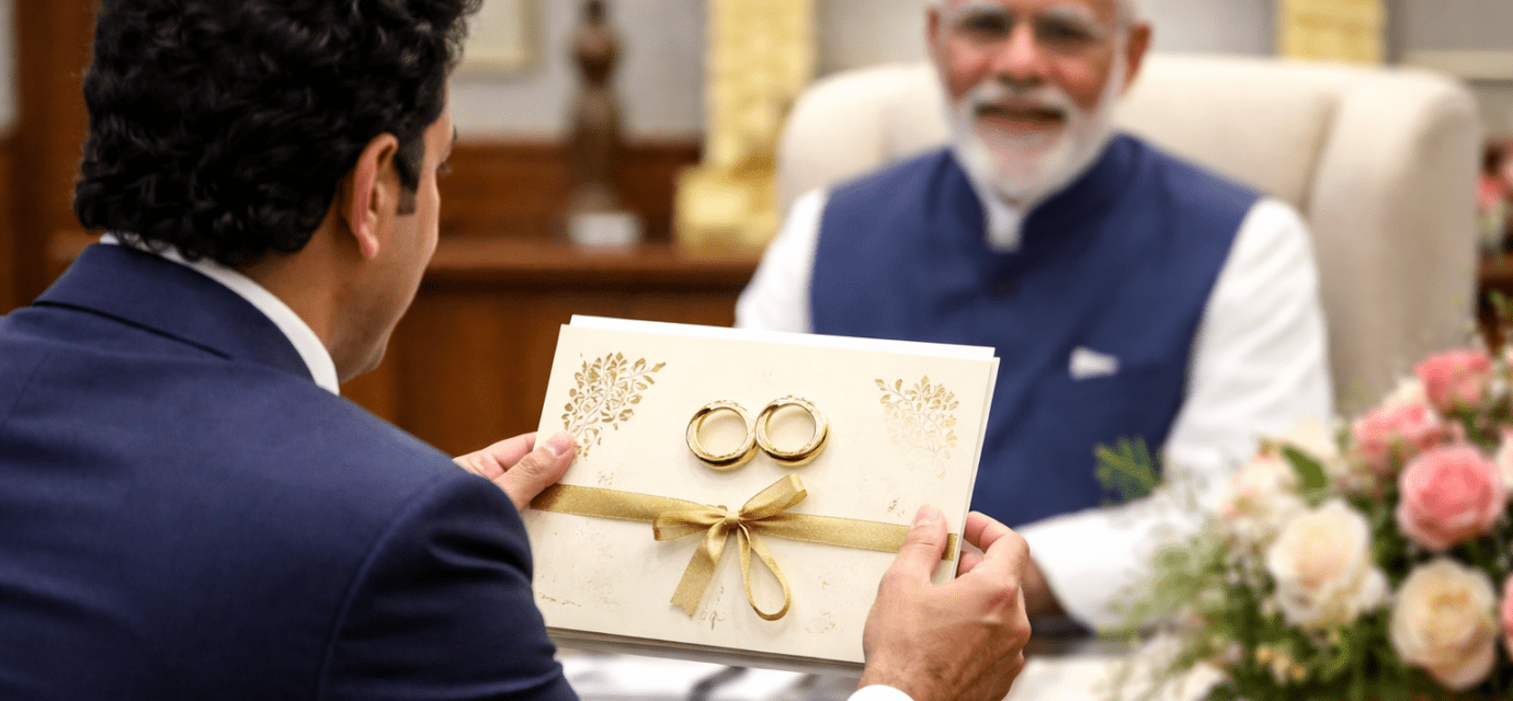 मुंबई में आयोजित होने वाली अर्जुन तेंदुलकर शादी से पहले सचिन तेंदुलकर द्वारा शीर्ष नेताओं को दिया गया निमंत्रण दर्शाता दृश्य।