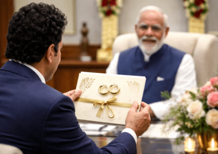 मुंबई में आयोजित होने वाली अर्जुन तेंदुलकर शादी से पहले सचिन तेंदुलकर द्वारा शीर्ष नेताओं को दिया गया निमंत्रण दर्शाता दृश्य।