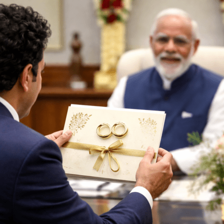 मुंबई में आयोजित होने वाली अर्जुन तेंदुलकर शादी से पहले सचिन तेंदुलकर द्वारा शीर्ष नेताओं को दिया गया निमंत्रण दर्शाता दृश्य।