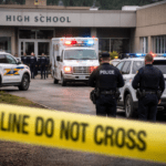 ब्रिटिश कोलंबिया के टम्बलर रिज सेकेंडरी स्कूल के बाहर पुलिस और एंबुलेंस की मौजूदगी, घटना के बाद सुरक्षा व्यवस्था कड़ी।