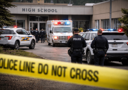 ब्रिटिश कोलंबिया के टम्बलर रिज सेकेंडरी स्कूल के बाहर पुलिस और एंबुलेंस की मौजूदगी, घटना के बाद सुरक्षा व्यवस्था कड़ी।