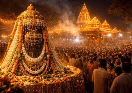 उज्जैन के महाकालेश्वर मंदिर में महाशिवरात्रि 2026 के अवसर पर दूल्हे के रूप में सजे भगवान महाकाल और दर्शन के लिए उमड़ी भीड़।