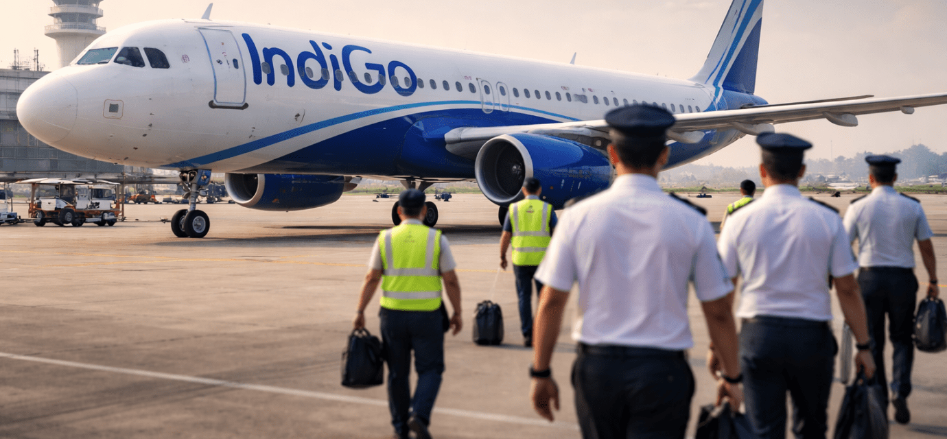 रनवे पर खड़ा इंडिगो विमान, पृष्ठभूमि में प्रशिक्षण लेता पायलट दल, पेशेवर एविएशन माहौल दर्शाता दृश्य।