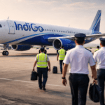 रनवे पर खड़ा इंडिगो विमान, पृष्ठभूमि में प्रशिक्षण लेता पायलट दल, पेशेवर एविएशन माहौल दर्शाता दृश्य।