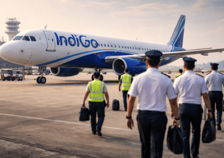 रनवे पर खड़ा इंडिगो विमान, पृष्ठभूमि में प्रशिक्षण लेता पायलट दल, पेशेवर एविएशन माहौल दर्शाता दृश्य।