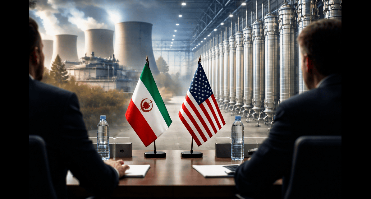परमाणु संयंत्र की पृष्ठभूमि में कूटनीतिक बैठक का प्रतीकात्मक चित्र, जो ईरान परमाणु समझौता वार्ता को दर्शाता है।