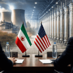 परमाणु संयंत्र की पृष्ठभूमि में कूटनीतिक बैठक का प्रतीकात्मक चित्र, जो ईरान परमाणु समझौता वार्ता को दर्शाता है।