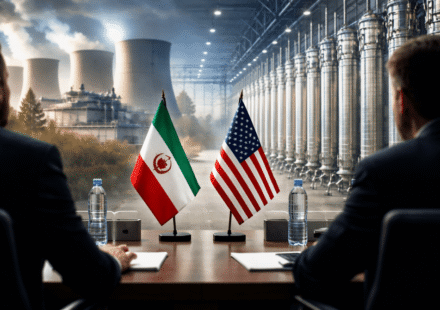 परमाणु संयंत्र की पृष्ठभूमि में कूटनीतिक बैठक का प्रतीकात्मक चित्र, जो ईरान परमाणु समझौता वार्ता को दर्शाता है।