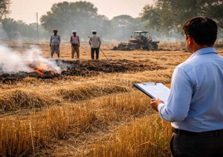 पराली प्रबंधन 2026 के तहत खेत में खड़ी गेहूं की फसल और अवशेष