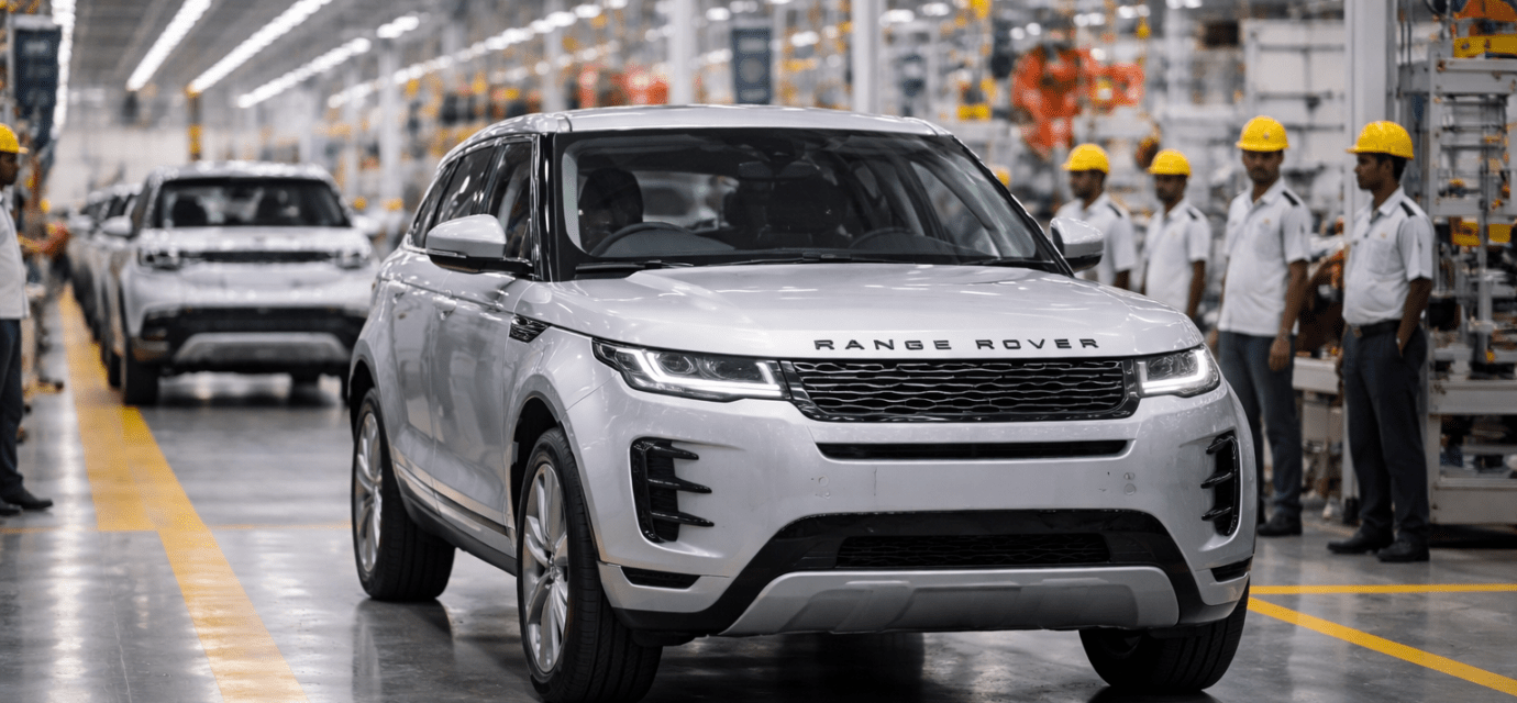 तमिलनाडु के रानीपेट स्थित Tata-JLR प्लांट में मैन्युफैक्चर की गई Range Rover Evoque का उत्पादन दृश्य।
