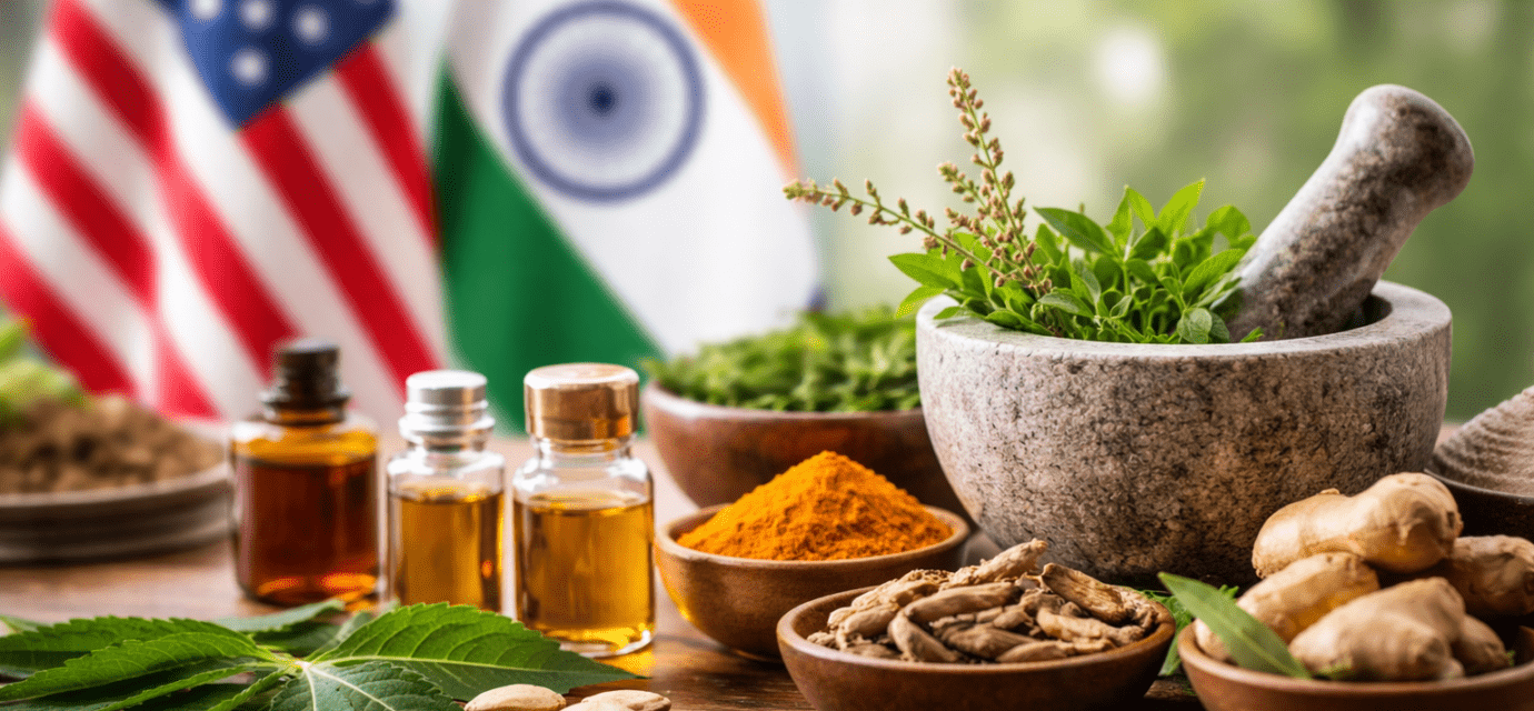 अमेरिका द्वारा टैरिफ घटाने के बाद भारतीय AYUSH और न्यूट्रास्यूटिकल उद्योग को मिली नई राहत का प्रतीकात्मक दृश्य।