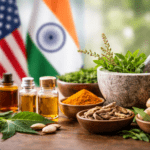 अमेरिका द्वारा टैरिफ घटाने के बाद भारतीय AYUSH और न्यूट्रास्यूटिकल उद्योग को मिली नई राहत का प्रतीकात्मक दृश्य।