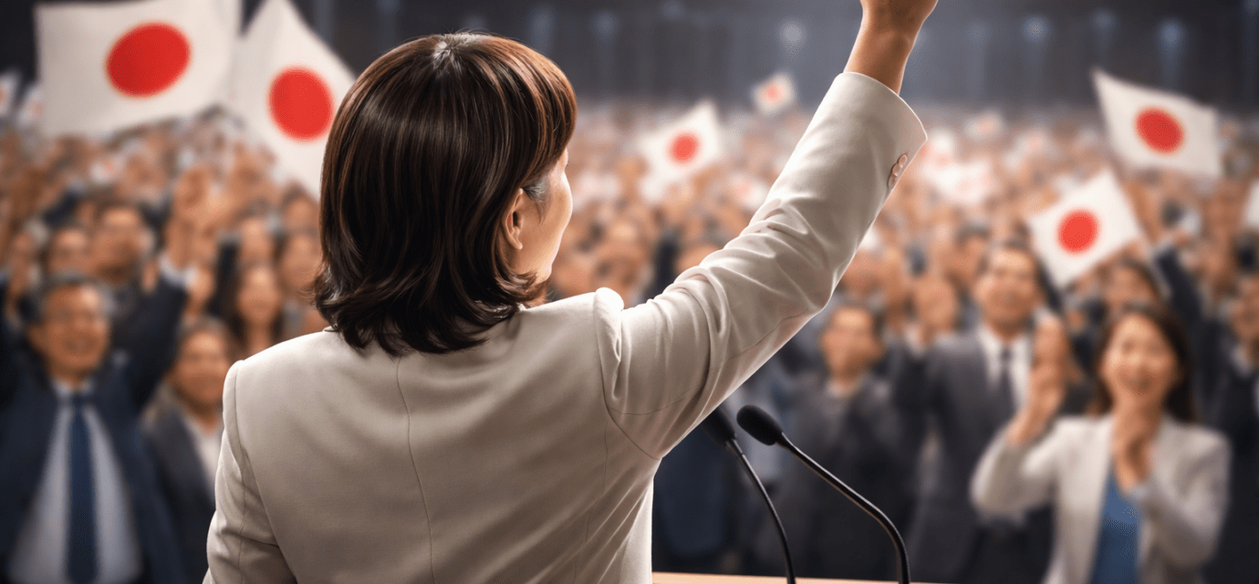 जापान स्नैप चुनाव में जीत के बाद प्रधानमंत्री सानाए ताकाइची का प्रतीकात्मक दृश्य