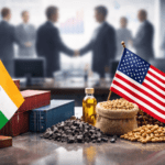 भारत और अमेरिका के बीच अंतरिम व्यापार समझौते से जुड़े चार अहम सवालों को दर्शाती प्रतीकात्मक इमेज