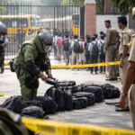 दिल्ली में स्कूलों को बम धमकी मिलने के बाद पुलिस और सुरक्षा एजेंसियां परिसर की जांच करती हुईं।