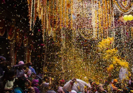 दावन के बांके बिहारी मंदिर में फुलेरा दूज 2026 के अवसर पर फूलों से सजी झांकी और उत्सव का दृश्य।