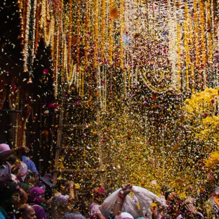 दावन के बांके बिहारी मंदिर में फुलेरा दूज 2026 के अवसर पर फूलों से सजी झांकी और उत्सव का दृश्य।