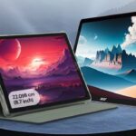 इलेक्ट्रॉनिक्स स्टोर में प्रदर्शित लैपटॉप और जर्मनी की अदालत भवन की तस्वीर, जो पेटेंट विवाद और बिक्री प्रतिबंध को दर्शाती है।