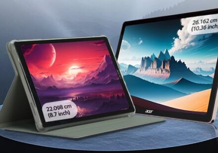 इलेक्ट्रॉनिक्स स्टोर में प्रदर्शित लैपटॉप और जर्मनी की अदालत भवन की तस्वीर, जो पेटेंट विवाद और बिक्री प्रतिबंध को दर्शाती है।