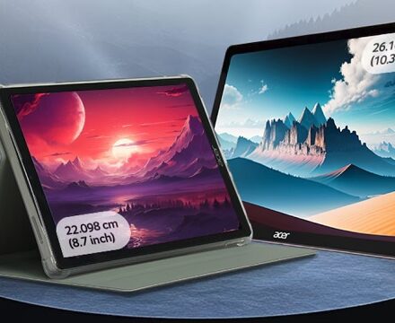 इलेक्ट्रॉनिक्स स्टोर में प्रदर्शित लैपटॉप और जर्मनी की अदालत भवन की तस्वीर, जो पेटेंट विवाद और बिक्री प्रतिबंध को दर्शाती है।