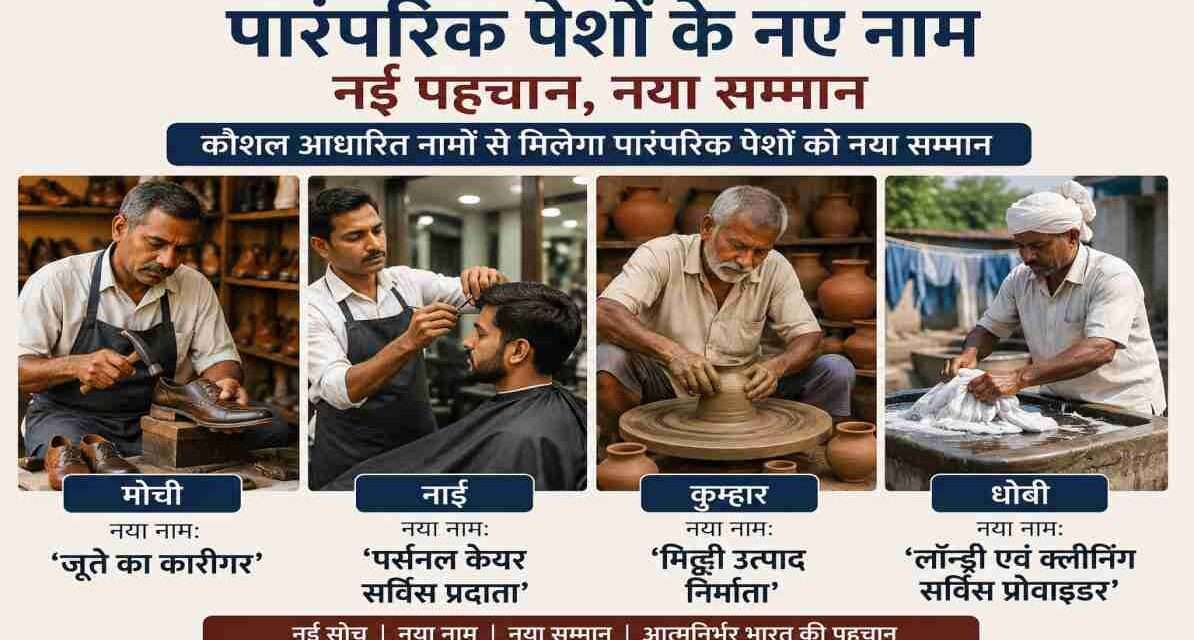 पारंपरिक पेशों के नए नाम को दर्शाती तस्वीर, जिसमें मोची, नाई, कुम्हार और धोबी के आधुनिक कौशल आधारित नाम दिखाए गए हैं।