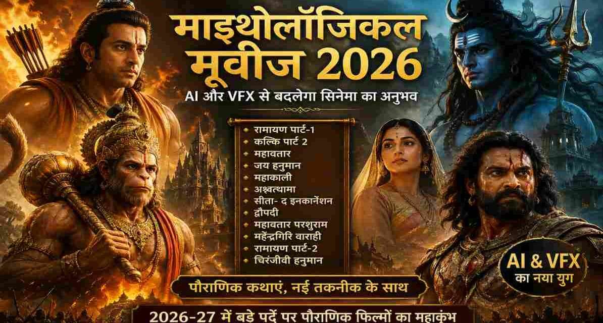 एक भव्य पौराणिक फिल्म का सीन जिसमें प्राचीन योद्धा, मंदिर और आकाश में दिव्य प्रकाश दिखाई दे रहा है, हाई-डिटेल और सिनेमैटिक लुक के साथ