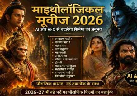 एक भव्य पौराणिक फिल्म का सीन जिसमें प्राचीन योद्धा, मंदिर और आकाश में दिव्य प्रकाश दिखाई दे रहा है, हाई-डिटेल और सिनेमैटिक लुक के साथ