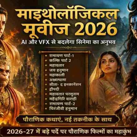 एक भव्य पौराणिक फिल्म का सीन जिसमें प्राचीन योद्धा, मंदिर और आकाश में दिव्य प्रकाश दिखाई दे रहा है, हाई-डिटेल और सिनेमैटिक लुक के साथ