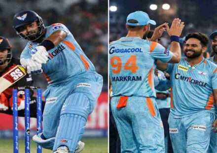 आईपीएल मैच में लखनऊ सुपर जायंट्स की जीत के दौरान ऋषभ पंत बल्लेबाजी करते हुए और टीम जश्न मनाती हुई दिखाई दे रही है।