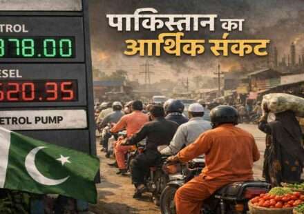 यह चित्र पाकिस्तान में आर्थिक संकट को दर्शाता है, जिसमें बढ़ती पेट्रोल कीमतें और महंगाई का प्रभाव दिखाया गया है।