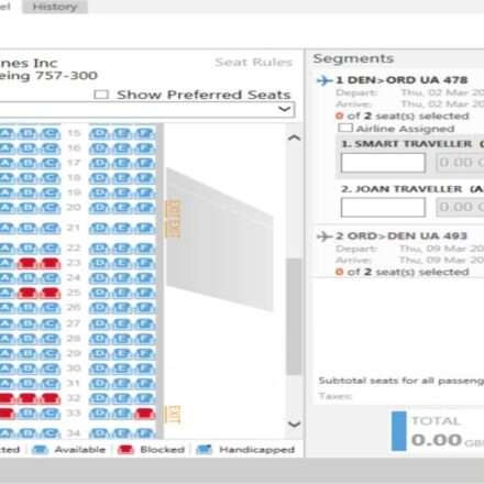 एक यात्री एयरलाइन की फ्लाइट में सीट चयन करते हुए, जिसमें केबिन की सीटें और बुकिंग इंटरफेस दिख रहा है।