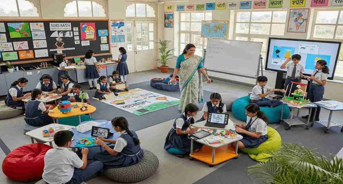 छात्र कक्षा में पढ़ते हुए, नई शिक्षा नीति के तहत बहुभाषी और स्किल आधारित शिक्षा को दर्शाता दृश्य