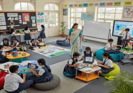 छात्र कक्षा में पढ़ते हुए, नई शिक्षा नीति के तहत बहुभाषी और स्किल आधारित शिक्षा को दर्शाता दृश्य