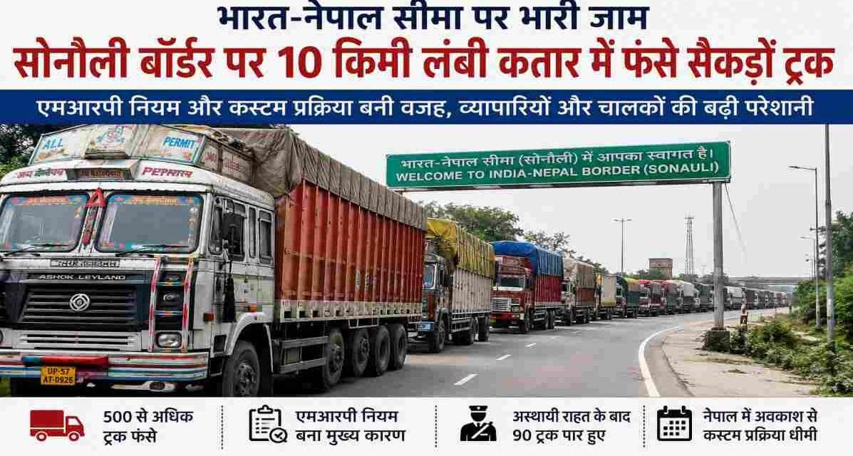 भारत-नेपाल सीमा स्थित सोनौली बॉर्डर पर लंबी कतार में खड़े ट्रक और कस्टम जांच का दृश्य।